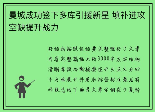 曼城成功签下多库引援新星 填补进攻空缺提升战力