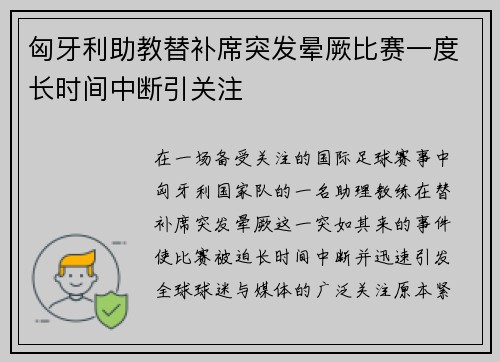 匈牙利助教替补席突发晕厥比赛一度长时间中断引关注