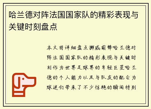 哈兰德对阵法国国家队的精彩表现与关键时刻盘点